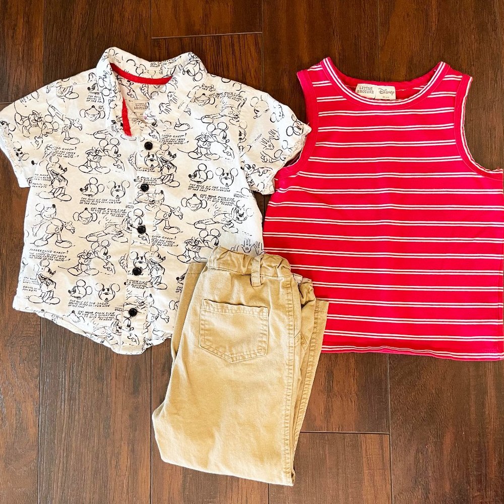 Pippa & Julie Little Brother Disney Mickey 3 Pc Set Shirt Tank Khaki Pants 4T